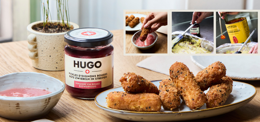Kroketten aus Vacherin Fribourgeois AOP mit Mais und eingelegten HUGO roten Zwiebeln